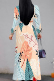 Apricot Elegant Print Patchwork Strap Design V Neck Long Dresses
