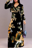 Black Elegant Butterfly Lace Up Contrast V Neck Printed Dresses