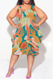 The cowboy blue Casual Floral Print Camouflage Print Contrast V Neck Lantern Skirt Plus Size Dresses