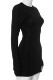 Black Elegant Solid Color Patchwork Ruched O Neck Wrapped Skirt Dresses