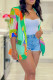 Green Casual Print Patchwork Turn-back Collar Outerwear