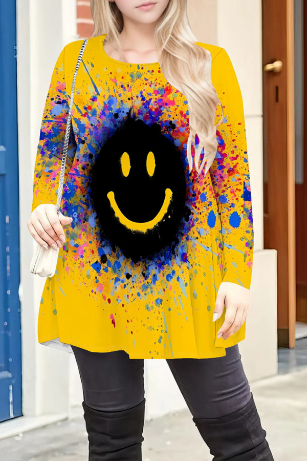 Yellow Black Casual Print Patchwork O Neck T-Shirts