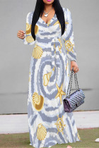 Baby Blue Elegant Butterfly Lace Up Contrast V Neck Printed Dresses