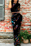 Blue Casual Geometric Print Pocket Contrast O Neck Short Sleeve Two Pieces