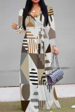 Grey Casual Print Patchwork Strap Design V Neck Long Dresses