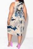 Dark Brown Casual Geometric Print Camouflage Print Contrast V Neck Lantern Skirt Plus Size Dresses
