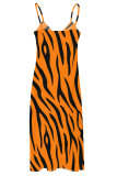 Orange Sexy Plaid Butterfly Print Stripe Contrast V Neck Printed Dresses