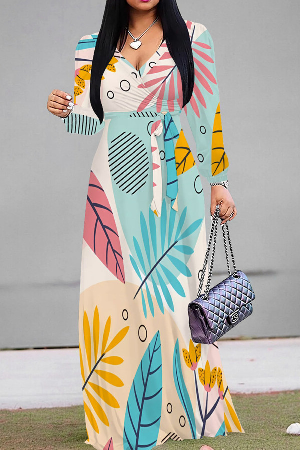 Blue White Elegant Print Patchwork Strap Design V Neck Long Dresses