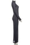 Grey Elegant Solid Color Patchwork Half A Turtleneck Long Dresses