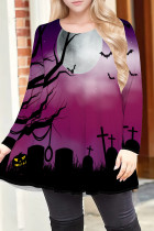 Fuchsia Casual Print Patchwork O Neck T-Shirts