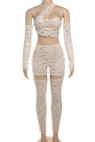 White Sexy Solid Color Hollow Out Patchwork See-Through Asymmetrical Collar Long Sleeve Two Pieces