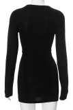 Black Elegant Solid Color Patchwork Ruched O Neck Wrapped Skirt Dresses