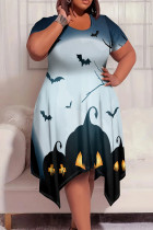 Gray Blue Elegant Print Patchwork O Neck Irregular Plus Size Dresses