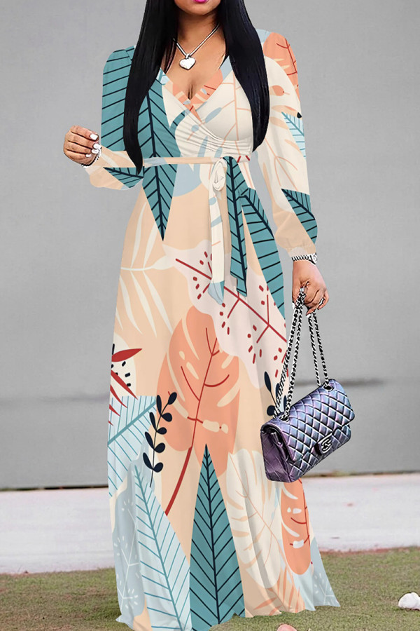 Apricot Elegant Print Patchwork Strap Design V Neck Long Dresses