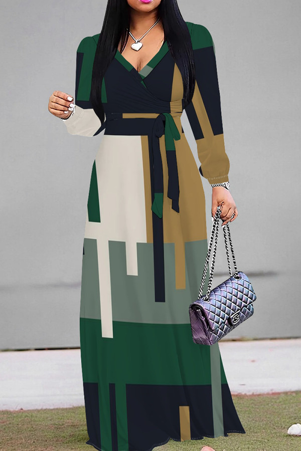 Black Green Casual Print Patchwork Strap Design V Neck Long Dresses