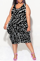 Black Casual Geometric Print Camouflage Print Contrast V Neck Lantern Skirt Plus Size Dresses