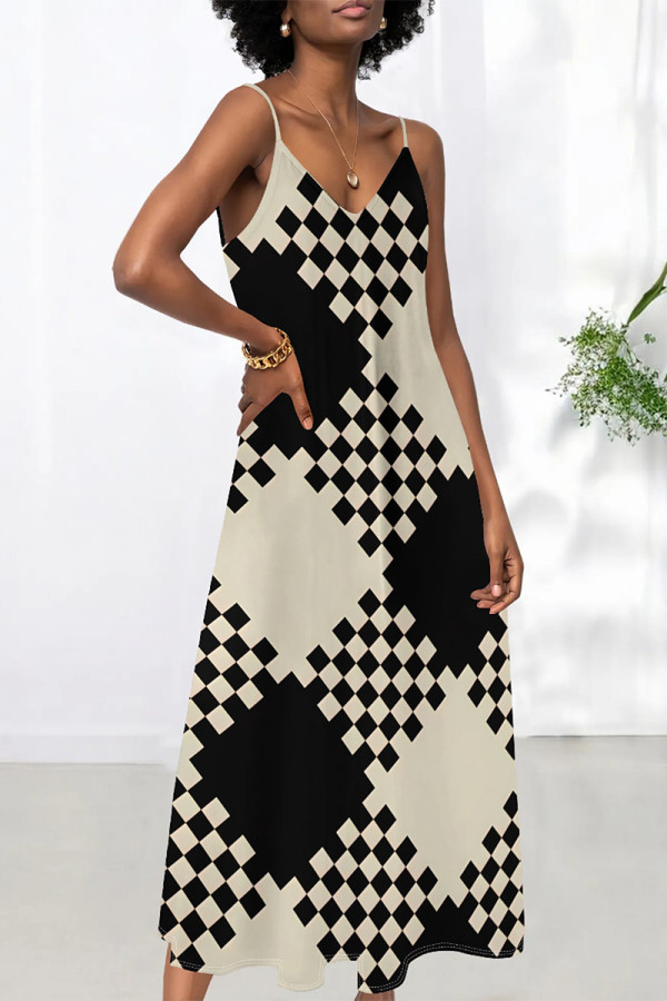 Black White Sexy Plaid Butterfly Print Stripe Contrast V Neck Printed Dresses