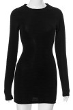 Black Elegant Solid Color Patchwork Ruched O Neck Wrapped Skirt Dresses