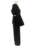 Black Casual Solid Color Pocket Lace Up Patchwork Zipper Hooded Long Sleeve Two Pieces