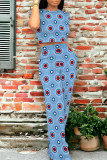 Blue Casual Geometric Print Pocket Contrast O Neck Short Sleeve Two Pieces