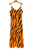 Orange Sexy Plaid Butterfly Print Stripe Contrast V Neck Printed Dresses