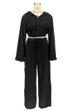 Black Casual Solid Color Pocket Lace Up Patchwork Zipper Hooded Long Sleeve Two Pieces