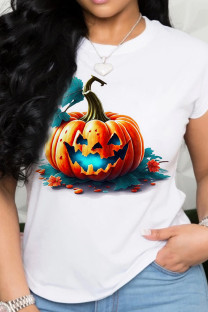 Orange Casual Print Patchwork O Neck T-Shirts