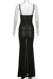 Black Elegant Solid Color Hollow Out Patchwork Backless Spaghetti Strap Sling Dresses