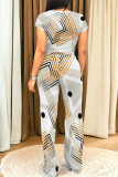 Blue Casual Geometric Print Pocket Contrast O Neck Short Sleeve Two Pieces