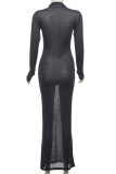 Grey Elegant Solid Color Patchwork Half A Turtleneck Long Dresses