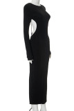 Black Sexy Solid Color Patchwork Backless O Neck Long Dresses