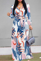 Blue White Elegant Geometric Print Lace Up Contrast V Neck Printed Dresses