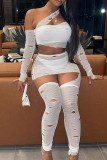 White Sexy Solid Color Hollow Out Patchwork See-Through Asymmetrical Collar Long Sleeve Two Pieces