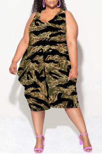 Camouflage Casual Geometric Print Camouflage Print Contrast V Neck Lantern Skirt Plus Size Dresses