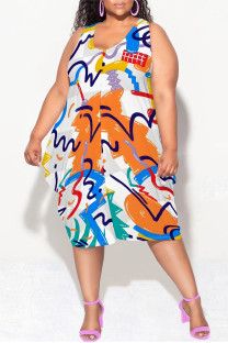 White Casual Floral Print Camouflage Print Contrast V Neck Lantern Skirt Plus Size Dresses