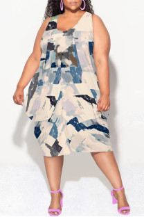 Baby Blue Casual Geometric Print Camouflage Print Contrast V Neck Lantern Skirt Plus Size Dresses