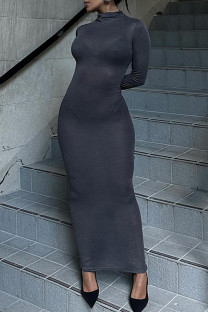Grey Elegant Solid Color Patchwork Half A Turtleneck Long Dresses