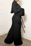 Black Casual Solid Color Pocket Lace Up Patchwork Zipper Hooded Long Sleeve Two Pieces