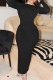 Black Sexy Solid Color Patchwork Backless O Neck Long Dresses