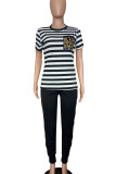 Black Casual Print Patchwork O Neck Short Sleeve Two Pieces