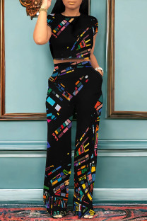 Black Casual Geometric Print Pocket Contrast O Neck Short Sleeve Two Pieces