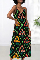 Green Sexy Plaid Butterfly Print Stripe Contrast V Neck Printed Dresses
