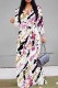 White Pink Elegant Geometric Print Lace Up Contrast V Neck Printed Dresses
