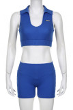 Blue Sexy Solid Color Patchwork V Neck Sleeveless Two Pieces
