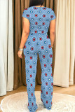 Blue Casual Geometric Print Pocket Contrast O Neck Short Sleeve Two Pieces
