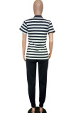 Black Casual Print Patchwork O Neck Short Sleeve Two Pieces