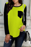 Red Casual Pocket Patchwork Contrast O Neck T-Shirts