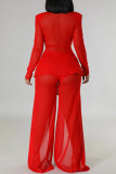 Red Sexy Solid Color Patchwork Slit Strap Design V Neck Long Sleeve Two Pieces