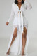 White Sexy Solid Color Patchwork Slit Strap Design V Neck Long Sleeve Two Pieces