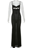Black Elegant Solid Color Hollow Out Patchwork Backless Spaghetti Strap Sling Dresses
